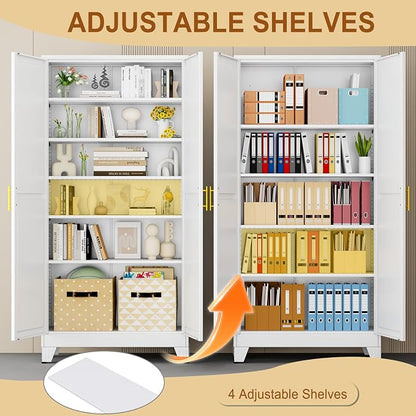 75" White Tall Metal Storage Cabinet with 2 Doors and 5 Adjustable Shelves,Steel Garage Tool Cabinet, File Cabinet,Kitchen Pantry Cabinet for Home,Office,Garage,School,Warehouse