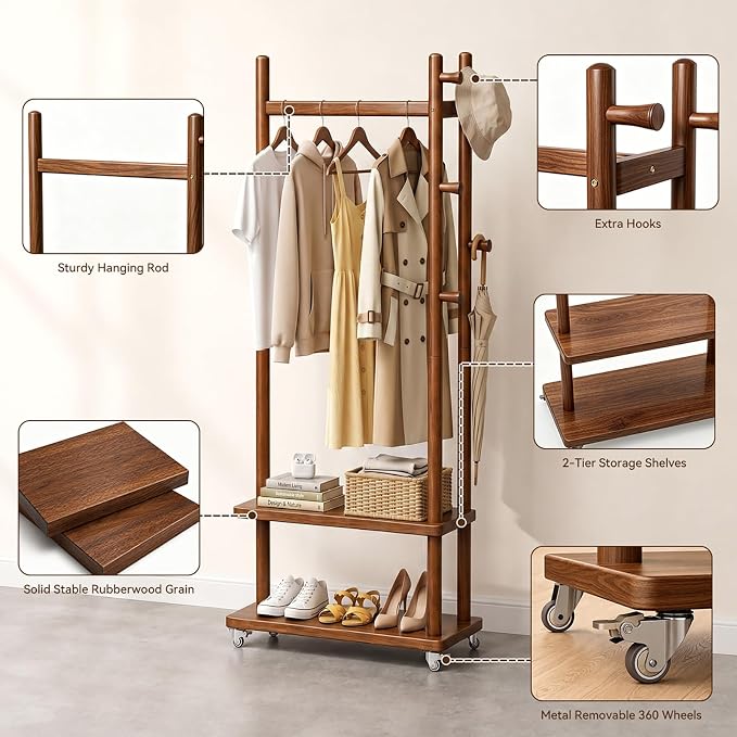 Taitiy Coat Rack Freestanding Clothing Rack with Wheels, Coat Tree Freestanding Heavy Duty with 2 Storage Shelves and 5 Hooks, Wood Garment Rack for Corner Bedroom Hallway Entryway Living Room Hotel