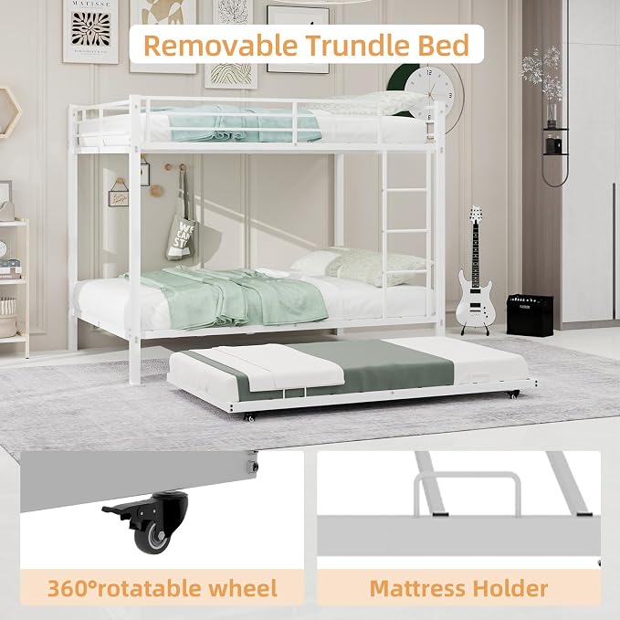 Metal Bunk Bed with Trundle, Space-Saving Bunk Bed Full Over Full with Ladders and Safety Guardrail, Heavy Duty Full Bed Frames, No Box Spring Needed and Noise Free(White)