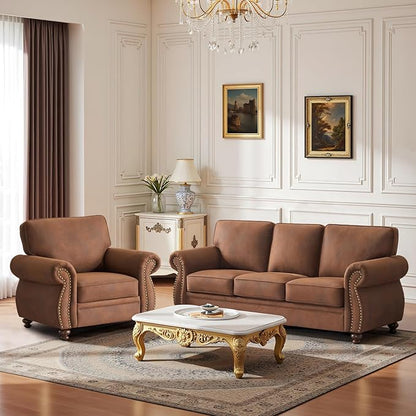 Couchus Living Room Furniture Sets,Sofa Sets and Couch Sets for Living Room,Mid-Century Vintage Sofa Couches with Rivet Design (Caramel Rust, 2 Single+3 Seater)