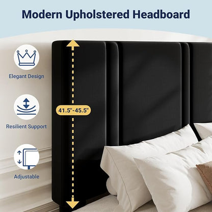 Allewie King Size Platform Bed Frame with Adjustable Headboard, Plush Velvet Upholstered, Vertical Channel Tufted, Sturdy Wooden Slats, No Box Spring Needed, Easy Assembly, Black