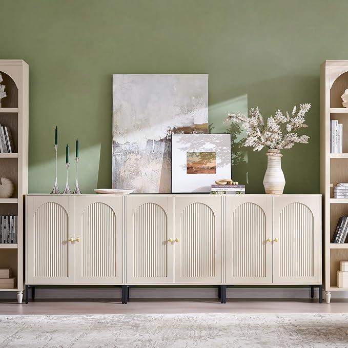 IFGET Modern Buffet Cabinet with Storage, 92.63" W Fluted Arched Sideboard Cabinet w/Adjustable Shelves, Wooden Modular Coffee Bar for Dining Room, Kitchen, Living Room, Entryway, Cream