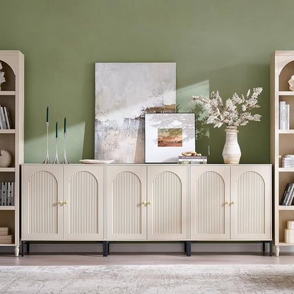 IFGET Modern Buffet Cabinet with Storage, 92.63" W Fluted Arched Sideboard Cabinet w/Adjustable Shelves, Wooden Modular Coffee Bar for Dining Room, Kitchen, Living Room, Entryway, Cream