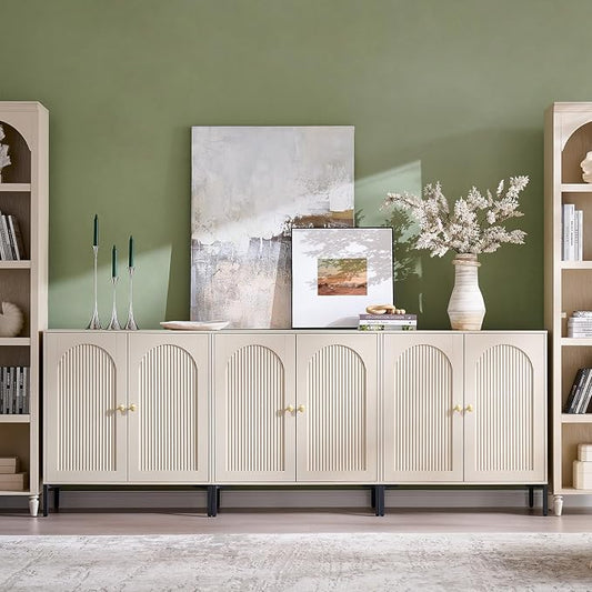 IFGET Modern Buffet Cabinet with Storage, 92.63" W Fluted Arched Sideboard Cabinet w/Adjustable Shelves, Wooden Modular Coffee Bar for Dining Room, Kitchen, Living Room, Entryway, Cream