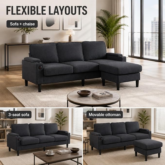 67'' L-Shaped Velvet Modular Sectional Couch Sofa with Ottoman, 3-Seat Convertible Cloud Deep Seat Sofa Couches for Living Room Bedroom Apartment, Cozy Chaise Lounge Sofas (Dark Grey)