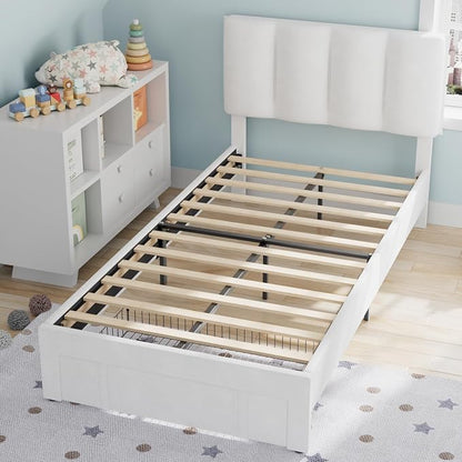 VECELO Twin Bed Frame with Storage Drawer, Heavy-Duty Platform Bedframe with Headboard & Strong Wooden Slats Support, No Boxing Spring Needed, Pure White