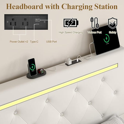 4 Pieces Full Bedroom Set, Modern PU Fabric Metal Bed Frame with Charging Port, LED Light& Adjustable Headboard, Retractable Dressing Table with Mirror& Light, 2 Nightstands with Charge