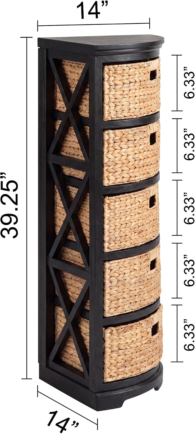 eHemco Hampton Meadows 5 Tier X-Side Corner Storage Cabinet, Black | 5 Wicker Baskets