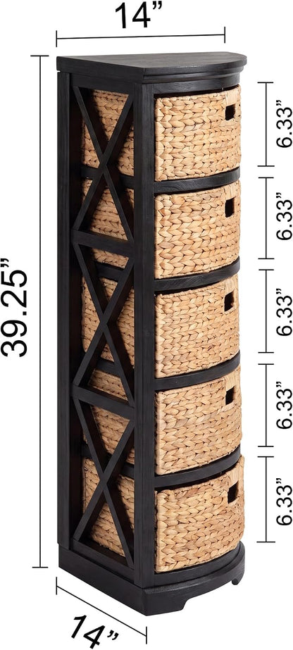 eHemco Hampton Meadows 5 Tier X-Side Corner Storage Cabinet, Black | 5 Wicker Baskets