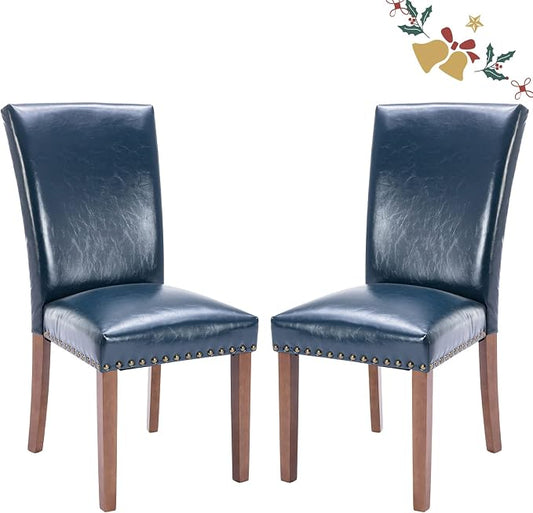 Parsons Dining Chairs Set of 2, Upholstered Nailhead PU Leather Dining Room Kitchen Side Chair with Thick Cushions and Wood Legs, Blue