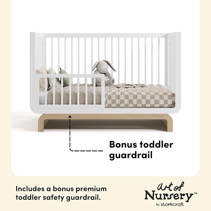 Storkcraft Santorini 5-in-1 Convertible Crib with Toddler Guardrail – GREENGUARD Gold Certified, Conversion Kit Included, 100% Solid Wood, Fits Standard Crib Mattress (White and Driftwood)