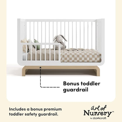 Storkcraft Santorini 5-in-1 Convertible Crib with Toddler Guardrail – GREENGUARD Gold Certified, Conversion Kit Included, 100% Solid Wood, Fits Standard Crib Mattress (White and Driftwood)