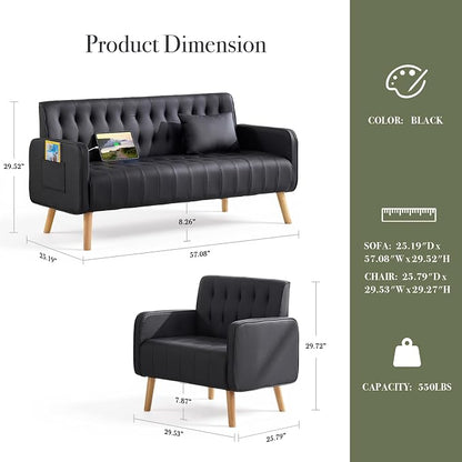 Black Leather Loveseat and Accent Chair Set of 2, Small Couch w/USB Charging & Pockets, Mid Century Modern Tufted Love Seat and Chair Set, Mini Office Sofa for Living Room, Apartment