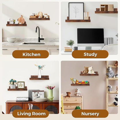 Muzilife 12" Small Floating Wall Ledge Shelves with Lip - Set of 2 Wood Floating Shelves - Walnut Brown Wall Mounted Picture Ledge for Office, Bathroom, Bedroom, Living Room, Kitchen