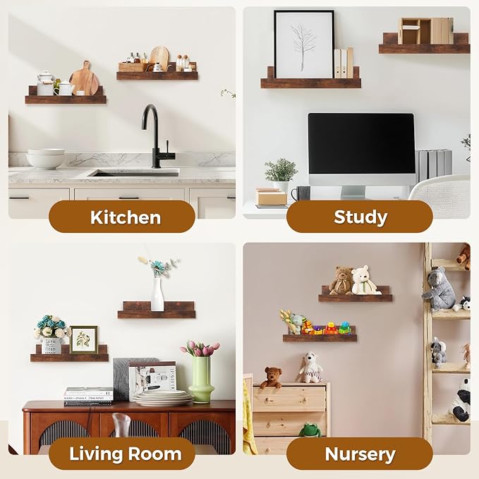 Muzilife 35.4" Large Floating Wall Ledge Shelves with Lip - Set of 2 Rustic Wood Floating Shelves - Honey Brown Wall Mounted Picture Ledge for Office, Bathroom, Bedroom, Living Room, Kitchen