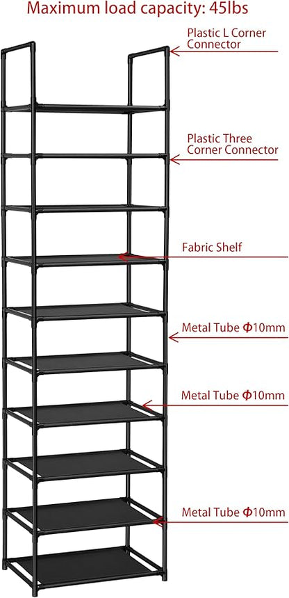 FIDUCIAL HOME 10 Tiers Shoe Rack Organizer 20 Pairs Tall Shoe Shelf | Tall Narrow Space Saving for Closet Entryway Dorm, Easy to Assemble, 17"L x 11"W x 68.8"H, Black