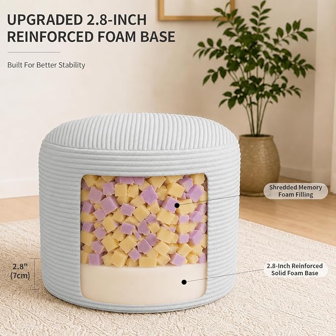 Stuffed Pouf Ottoman Foot Rest with 2.8-inch Solid Foam Base | Odorless Filling Resists Clumping, Washable Corduroy Cover, Round Foot Stool for Living Room Couch Lounging and Home Decor