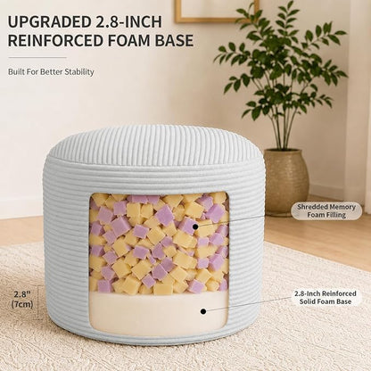 Stuffed Pouf Ottoman Foot Rest with 2.8-inch Solid Foam Base | Odorless Filling Resists Clumping, Washable Corduroy Cover, Round Foot Stool for Living Room Couch Lounging and Home Decor