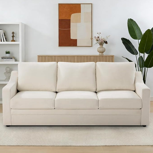 83” Chenille 3 Seats Sofa w/Comfortable Back Cushions, Beige | Modern Couch w/Deep Seat Space, Upholstered 3 Seater Sofa w/High Resiliency Foam for Living Room