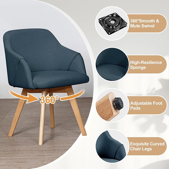 Swivel Dining Chairs Set of 4, Mid Century Modern Dining Chairs with Arms and Wood Legs, Linen Fabric Upholstered Kitchen Chairs for Dining Room Living Room, Comfortable Widen Seat, Blue