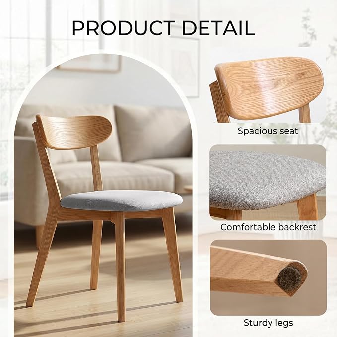 100% Solid Wood Dining Chairs,Mid Century Modern Dining Chairs with Rounded Backrest,Kitchen,Dining Room Chairs Set of 1/2/4 (4, Original Color Grey Upholstery)