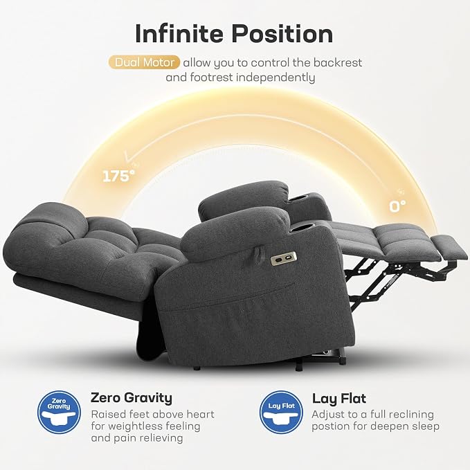 Tami Tami Dual Motor Power Lift Chair Recliner for Elderly with Massage and Heat, Infinite Position Electric Lift Recliner with USB A&C, Cup Holders (T6012 - Linen Fabric, Gray, Oversized)