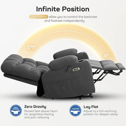 Tami Tami Dual Motor Power Lift Chair Recliner for Elderly with Massage and Heat, Infinite Position Electric Lift Recliner with USB A&C, Cup Holders (T6012 - Linen Fabric, Gray, Oversized)