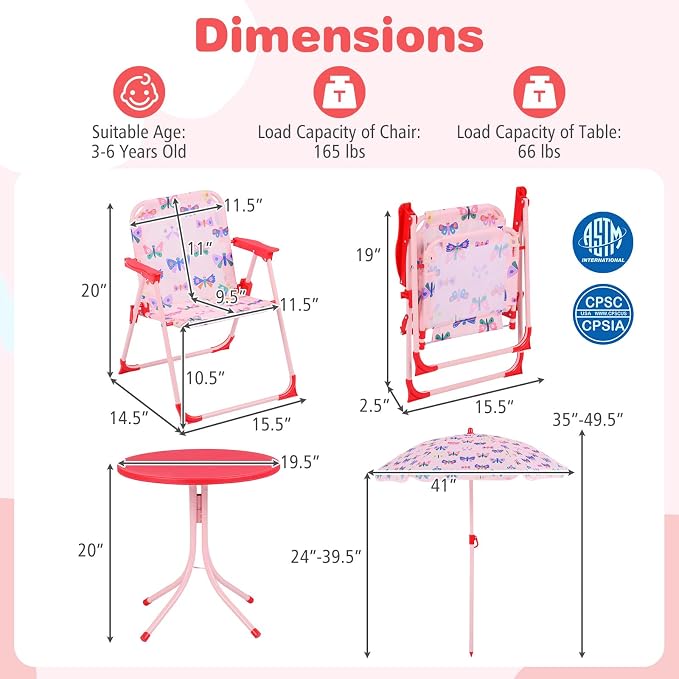 Costzon Kids Picnic Table, Kids Outdoor Table with 2 Folding Chairs, Height Adjustable Umbrella, Portable Children Outdoor Furniture for Patio, Garden, Backyard (Pink Butterfly)