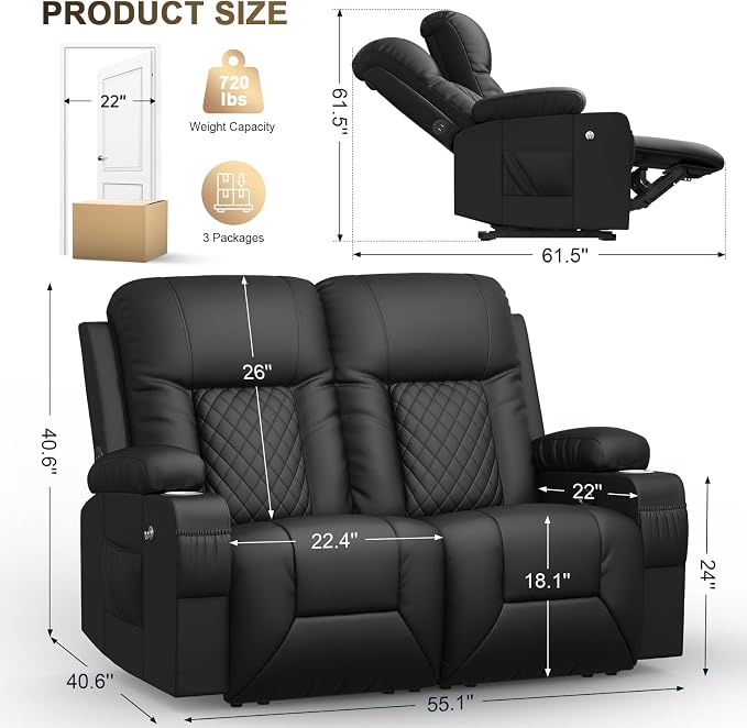 YONISEE Loveseat Recliner, Loveseat Recliner Sofa with Storage, Recliner Chair with USB Ports, 2 Cell Phone Holders, Cup Holder, Loveseat Couch for Living Room Home Theater Seating
