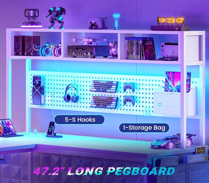SEDETA White L Shaped Gaming Desk, Reversible Corner With Power Outlet and Pegboard, Hutch, Storage Shelf, Keyboard Tray, and LED Lights for Home Office