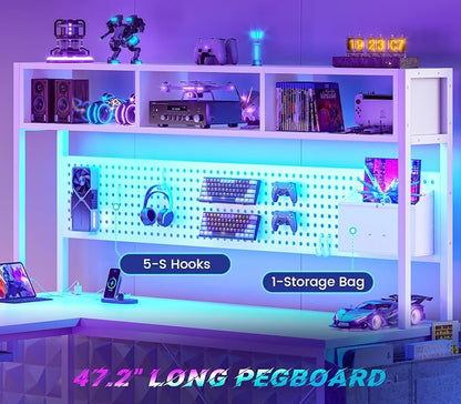SEDETA White L Shaped Gaming Desk, Reversible Corner With Power Outlet and Pegboard, Hutch, Storage Shelf, Keyboard Tray, and LED Lights for Home Office