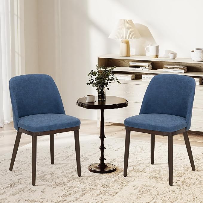 COLAMY Upholstered Dining Chairs Set of 2, Modern Kitchen Chairs with Back, Leather Side Dining Room Chairs with Wood Legs for Kitchen Dining Room Restaurant,Blue