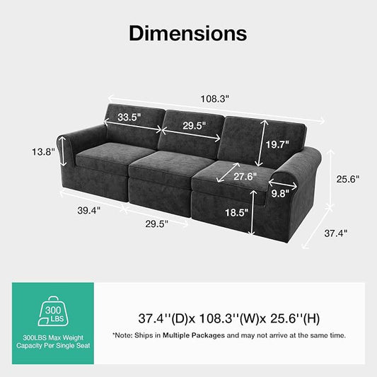Novilla 108" Modular Sectional Sofa, Modular Sectional Couches for Living Room Bedroom, Chenille Removable Cover Cloud Couch Sectional with Smarts Coil® Support L-Shaped Couch(Dark Grey, 3 Seater)