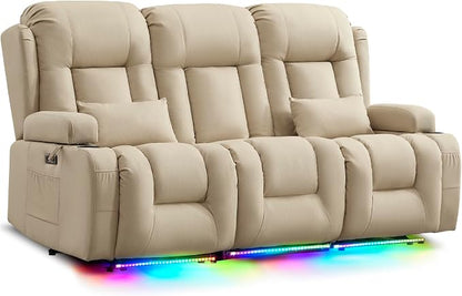 URRED Power Loveseat Recliner Sofa with Massage and Heat, Wall Hugger Reclining Loveseat with Console, RV Couch Home Theater Seating with LED Lights for Living Room (Beige, 76.8" - 3 Seats)