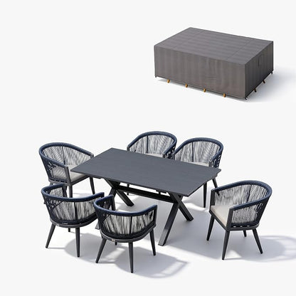 PURPLE LEAF Outdoor Dining Set with Waterproof Furniture Cover 7-Piece All-Weather Patio Set for 6 with Gray Aluminum Table Rope Weave Chairs and Cushions, Gray