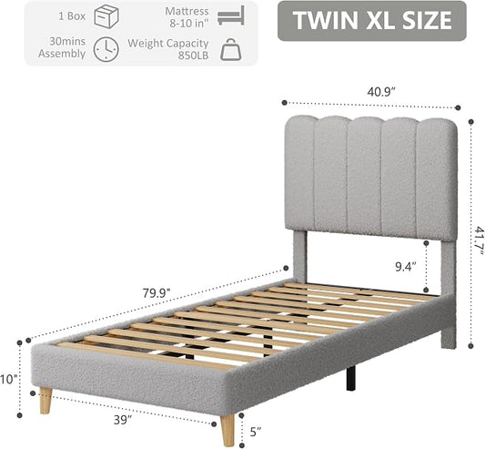GarveeHome Twin XL Bed Frame, Upholstered Platform Bed with Wave Headboard for Girls/Kids, Easy Assembly, Wooden Slats Support, No Box Spring Needed, Boucle Grey