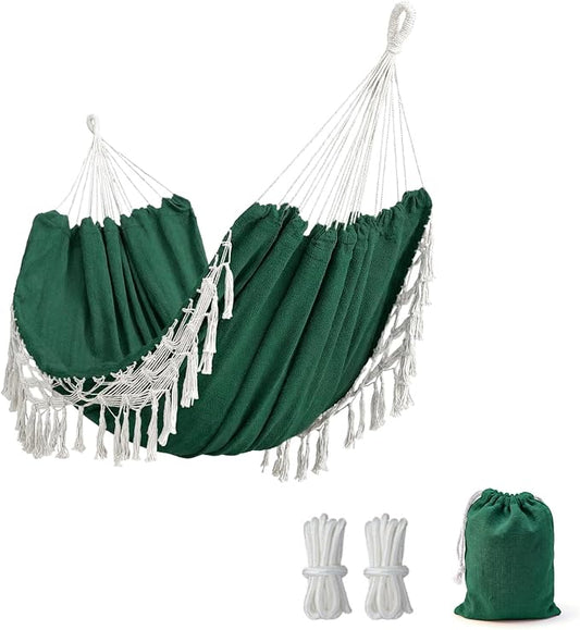 Double Boho Macrame Hammock with Elegant Tassels for Patio, Yard, Beach Wedding Decor, Outdoor and Indoor Up to 450lbs Include Tie Ropes and Drawstring Bag （Green）