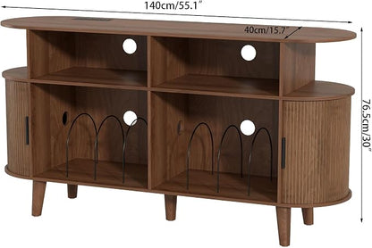 LUVIOHOME Large Round Record Player Stand with Charging Station & USB Ports，Record Storage Cabinet, Mid Century Modern Turntable Stand for Bedroom Living Room (Walnut)