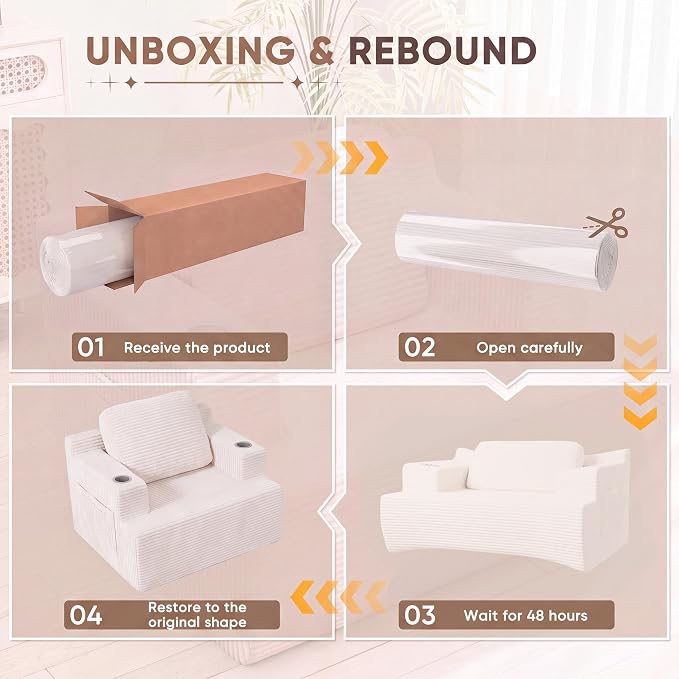 Homall 42” Single Sofa Foam Couch for Small Spaces Upholstered Floor Sofa with Cup Holder & Storage Pocket Boneless Couch for Bedroom Living Room (White, Single)