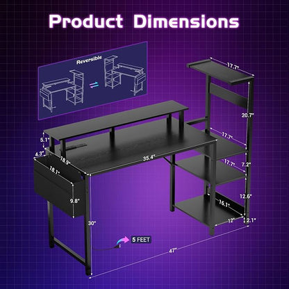 Apicizon 47 Inch Gaming Desk with LED Setup Style, Computer Desk with Storage Shelves & Monitor Stand, Reversible Workstation for Small Space, Home Office Desk with Side Pocket