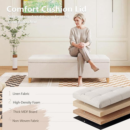 Joveco Storage Ottoman Bench, 51" Linen Rectangle Long Bench, for Bedroom, End Foot of Bed, Living Room, Entryway, Beige