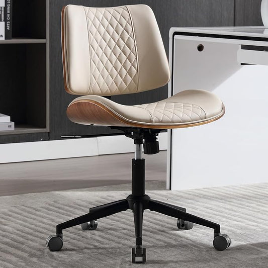 Home Office Chair No Arms with Wheels, Adjustable Height Small Desk Chair, PU Leather Mid Back 360 Swivel Computer Chair, Armless Modern Walnut Chair for Office, Reading Meeting Room(Beige)