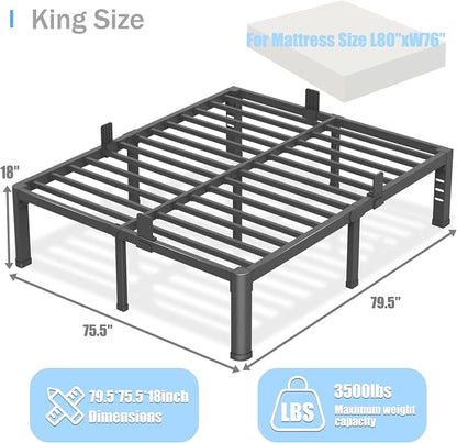 18 inch King Size Bed Frame with Round Corner Legs and Headboard Hole Mattress Slide Stopper 3500 lbs Heavy Duty Metal Platform,Steel Slat Support,No Box Spring Needed,Easy Assembly,Noise Free