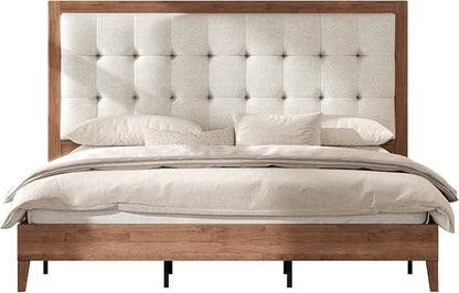 AMERLIFE Full Size Bed Frame with Headboard, Solid Wooden Bed Frame Full Size Platform Bed Frame Mid-Century Style, No Box Spring Required, Walnut