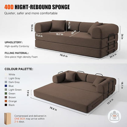 79" Convertible Sleeper Sofa Bed, Corduroy Boneless Fold-Out Couch in a Box, 4-in-1 Loveseat/Futon Couch, High-Density Foam, No Assembly, Side Pockets, 2 Pillows for Small Spaces, Brown