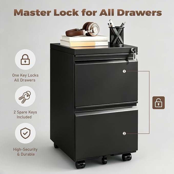 Approgreent 2 Drawer Metal File Cabinet, Fully Assembled Locking Filing Cabinet with Anti-Tipping Wheels, Quiet Slide, Heavy-Duty Steel Construction, Fits A4 Letter Legal for Home Office, Matte Black