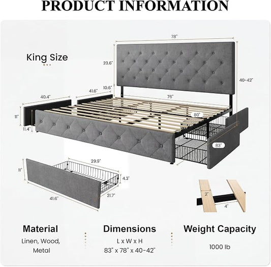 SHA CERLIN Upholstered King Size Platform Bed Frame with 4 Storage Drawers, Adjustable Headboard with Diamond Stitched Button Tufted Design, Wooden Slat Support, No Box Spring Needed, Light Grey