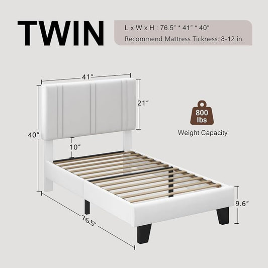 Einhomn Upholstered Twin Size Bed Frame with Velvet Fabric Headboard, Strong Wooden Slats Support, Noise Free, No Box Spring Needed, White