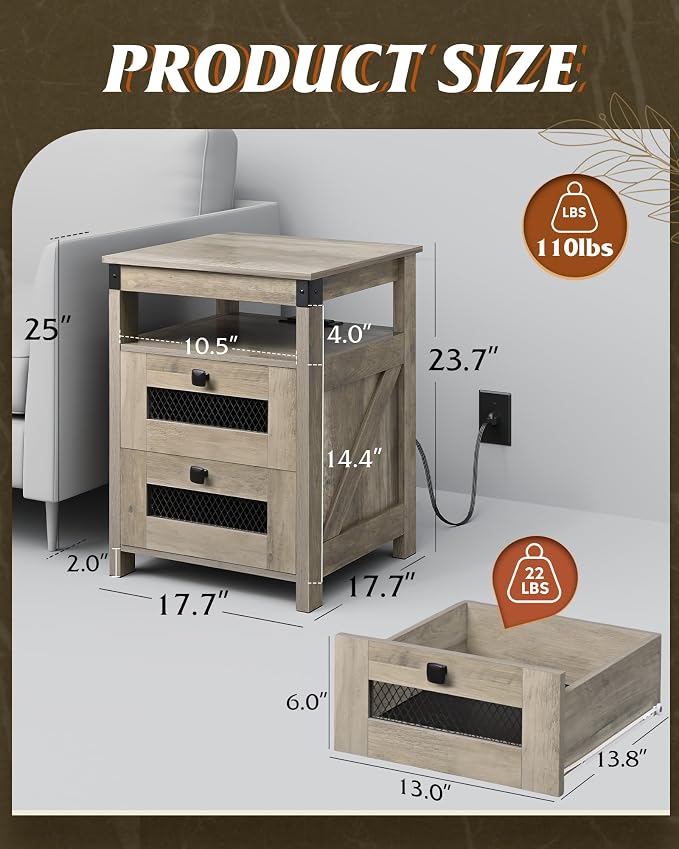 WLIVE Nightstand with Charging Station, Farmhouse End Table, Bed Side Table with 2 Storage Drawers and Open Shelf, Wood Rustic Nightstands for Bedroom, Greige