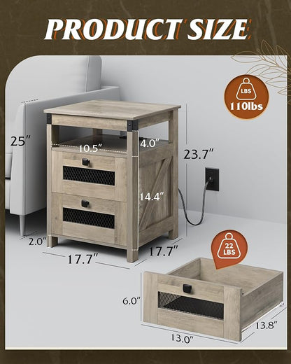 WLIVE Nightstand with Charging Station, Farmhouse End Table, Bed Side Table with 2 Storage Drawers and Open Shelf, Wood Rustic Nightstands for Bedroom, Greige